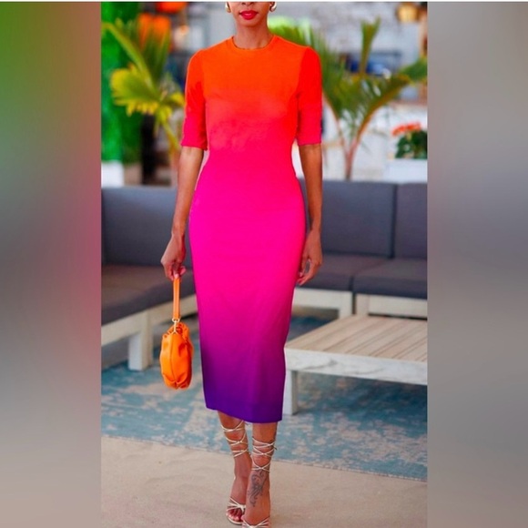 STYLEWE Orange and Pink Mock Neck Sheath Midi Dress - Picture 1 of 1